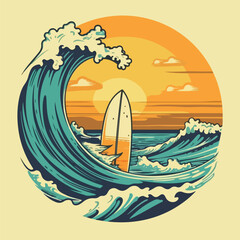 Surfing board and ocean wave tropical beach vintage logo badge vector illustration