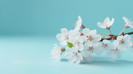  a branch with white flowers on a light blue background with copy space.  generative ai