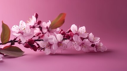  a branch of cherry blossoms with leaves on a pink background.  generative ai