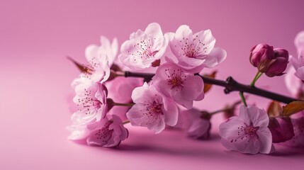  a branch of pink flowers on a pink background with space for text.  generative ai