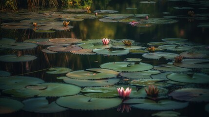  a pond filled with lily pads and water lillies floating on top of it.  generative ai - obrazy, fototapety, plakaty
