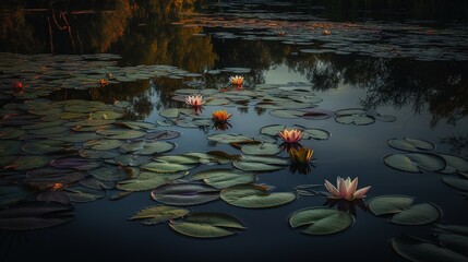  a pond filled with lots of water lilies floating on top of it.  generative ai