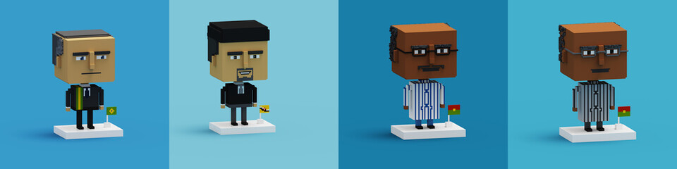 3D illustration businessman in various costumes. 3D rendering voxels isolated in blue background.