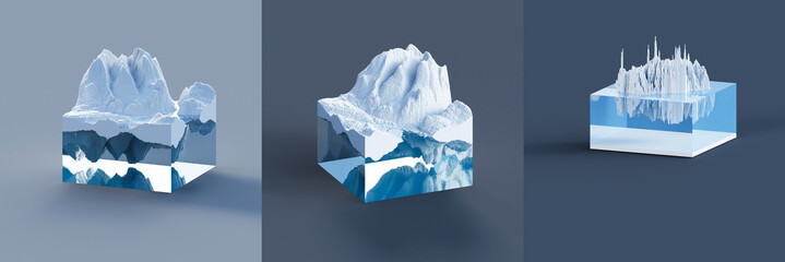 3D illustration voxels, Rocks, mountains and hills. Mountain peak iceberg.