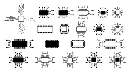Set of simple schematic chips and components for microcircuits isolated on white background. Technical clipart. Vector element.