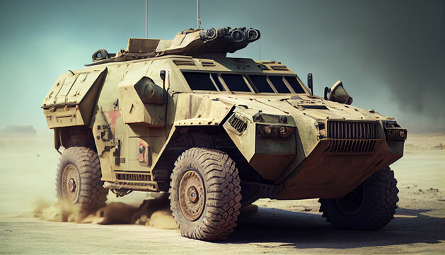 Armored SUV in sand desert with led bar on roof Generative AI