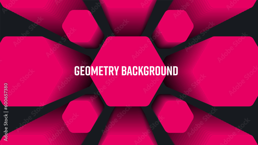 Poster magenta color vector illustration, geometric hexagons, blend gradient shapes on black backdrop.