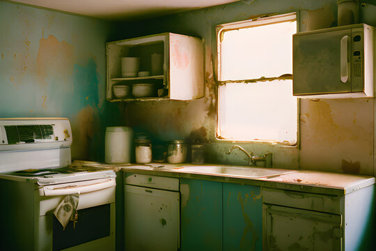 Rundown kitchen of a house in a poor neighborhood with stained walls, dirty windows, rusty appliances and worn-out cabinets. Poverty living of a home with shabby kitchen in a slum area. Generative ai.