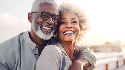 Obraz premium Romantic senior couple by the ocean. Affectionate elderly couple enjoying spending some quality time together after retirement, Generative AI