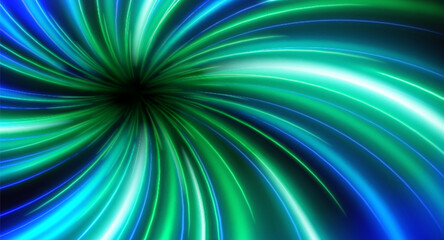Hyperspace jump into black hole through vibrant neon space with blue and green traces of moving light. Vector realistic illustration of abstract cosmic energy tunnel, interstellar fast speed motion