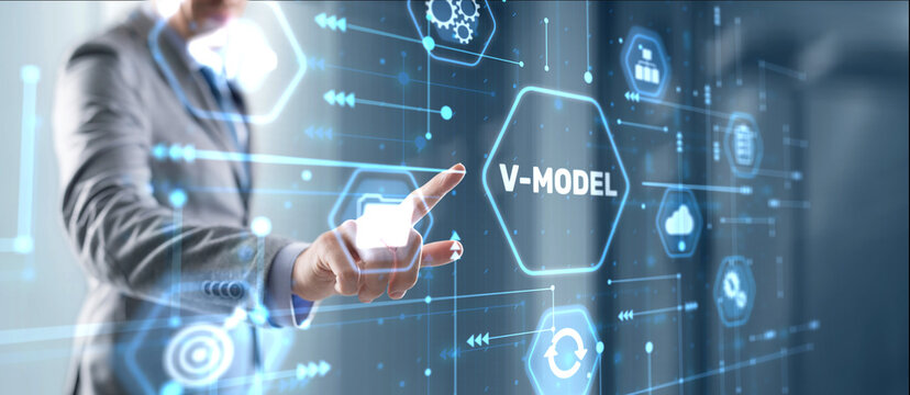 Businessman clicks V-Model, VEE. Information systems development model