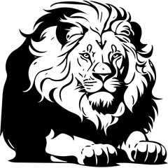 A big fur lion sitting black and white vector illustration | Lion Digital illustration, tattoo, logo