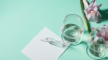  a pair of glasses and a note on a green background.  generative ai