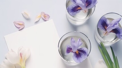  two glasses of water with purple flowers on a white table.  generative ai