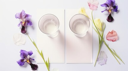  a couple of cups that are next to some purple and white flowers.  generative ai