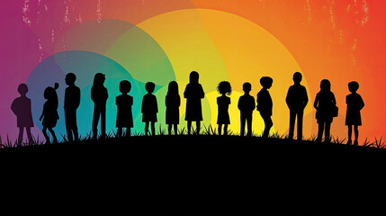 colorful silhouette kids crowd in diversity and pride concept with Generative AI Technology