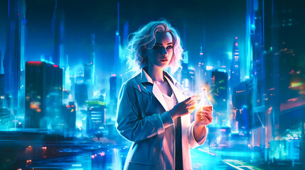 a futuristic city skyline with towering buildings that are illuminated in a blue hue 