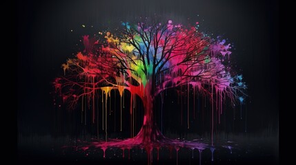  a colorful tree with dripping paint on it's branches.  generative ai