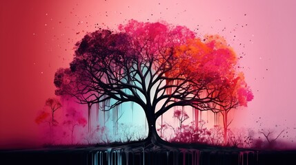  a painting of a tree with a pink sky in the background.  generative ai