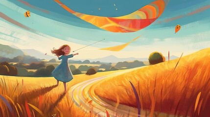  a painting of a girl flying a kite in a field.  generative ai