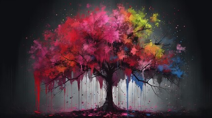  a painting of a colorful tree on a black background with dripping paint.  generative ai