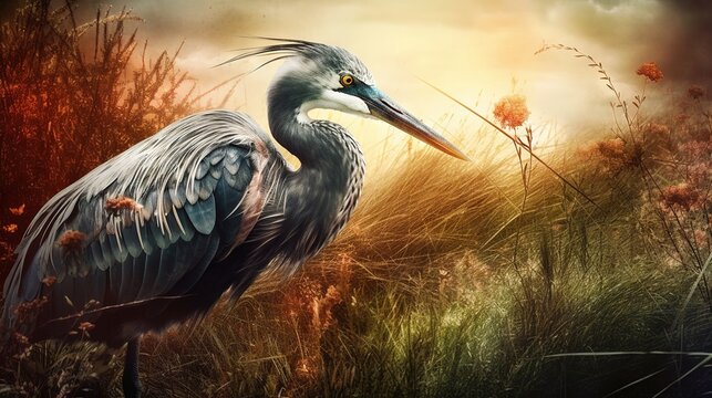  a painting of a bird standing in a field of tall grass.  generative ai