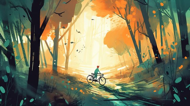  a painting of a person riding a bike through a forest.  generative ai