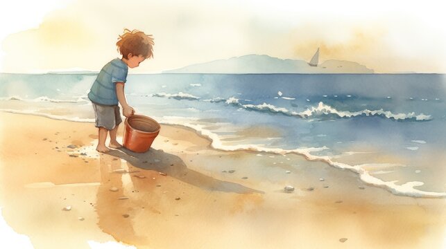  a painting of a boy on the beach with a bucket.  generative ai