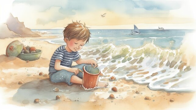  a little boy sitting on the beach playing with a bucket.  generative ai