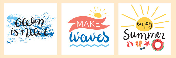 Collection square summer banner. Ocean is near. Make waves. Enjoy summer. Vector illustration. 