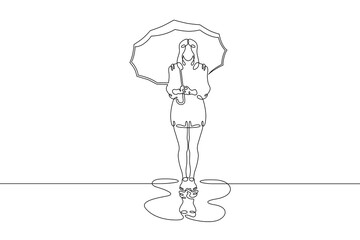 One continuous line. Girl under an umbrella. Young woman in the rain with an umbrella in her hand. Reflection in a puddle. One continuous line drawn isolated, white background.