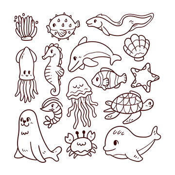 Set of sea animals hand-drawn outline sketch illustration