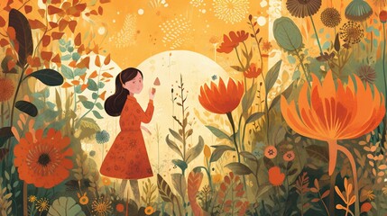  a painting of a girl in a field of flowers with an orange background.  generative ai