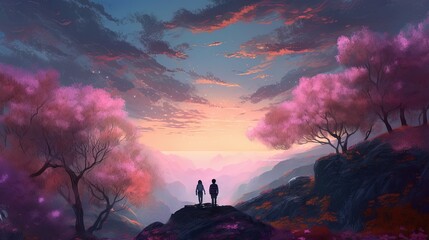 Naklejka na ściany i meble two people standing on a cliff looking at the sky and trees. generative ai