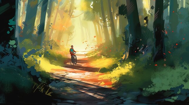  a man riding a bike down a dirt road through a forest.  generative ai
