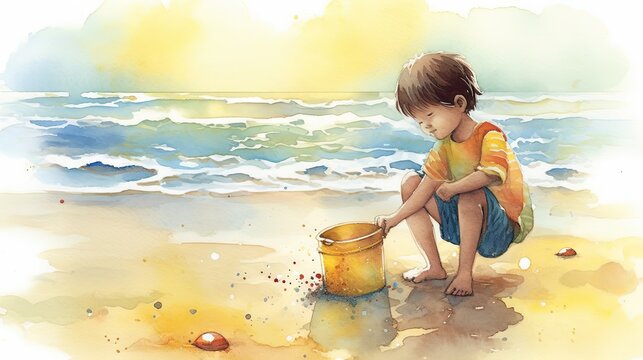  a little boy playing with a bucket and sand on the beach.  generative ai