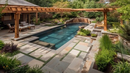  a backyard with a pool and a pergolated area.  generative ai