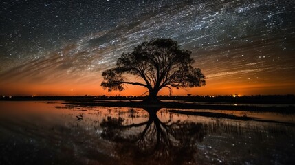 Obraz na płótnie Canvas a lone tree is silhouetted against a night sky with stars. generative ai