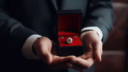 Will you marry me, A man in a business suit holds out a ring box with Generative AI Technology