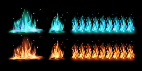 Red, orange and blue fire flame realistic set. Fire flames burning, natural gas burning and igniting red and blue fire. Vector illustration.