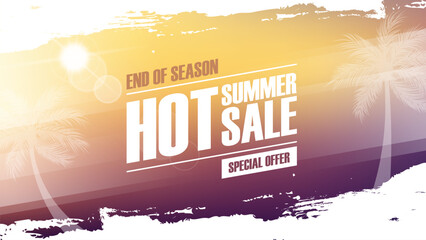Hot Summer Sale Banner. Summertime commercial background with palm trees, summer sun and white brush strokes for business, seasonal shopping, promotion and sale advertising. Vector illustration.