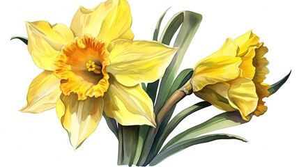  a painting of two yellow daffodils on a white background.  generative ai