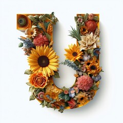 Floral and sunflower, colorful illustration letter U. Generative AI