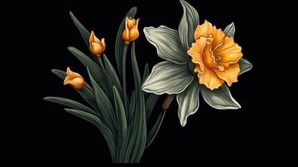  a painting of yellow and white flowers on a black background.  generative ai