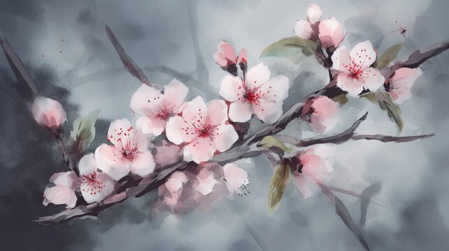  a painting of a branch with pink flowers on a gray background.  generative ai