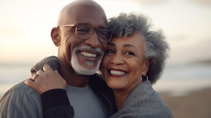Fototapeta premium Romantic senior couple by the ocean. Affectionate elderly couple enjoying spending some quality time together after retirement, Generative AI