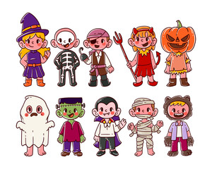 Set of halloween costume character hand-drawn illustration