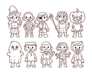 Set of halloween costume character hand-drawn outline sketch illustration