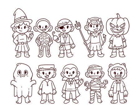 Set of halloween costume character hand-drawn outline sketch illustration