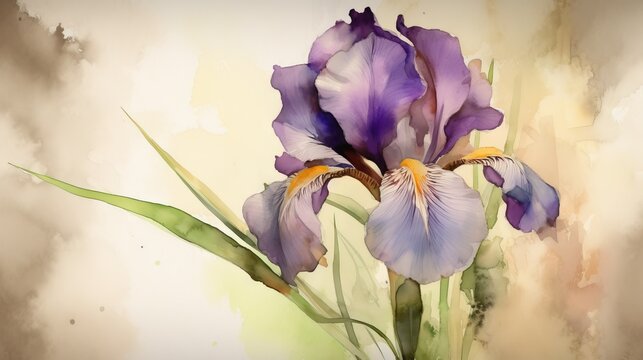  a painting of a purple flower with green stems in a vase.  generative ai